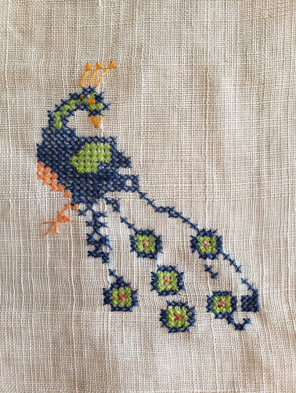 2 Hand-Embroidered Peacock Linen Hankies
